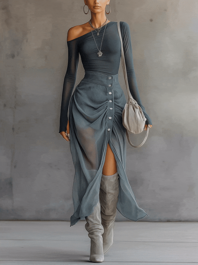 Asymmetrical Sheer Gray Cutout Set