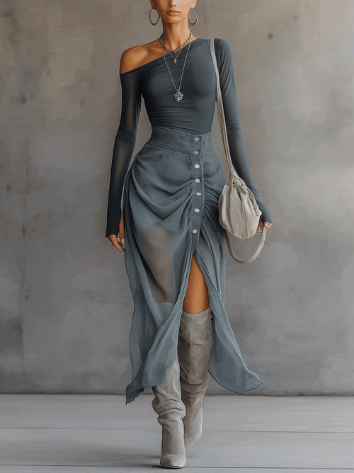 Asymmetrical Sheer Gray Cutout Set