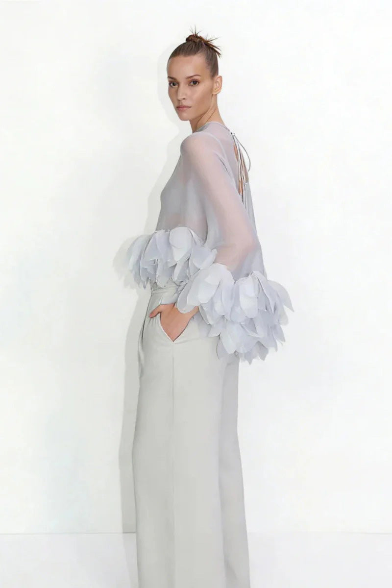 Sheer Organza Petal-Embellished Cape Top
