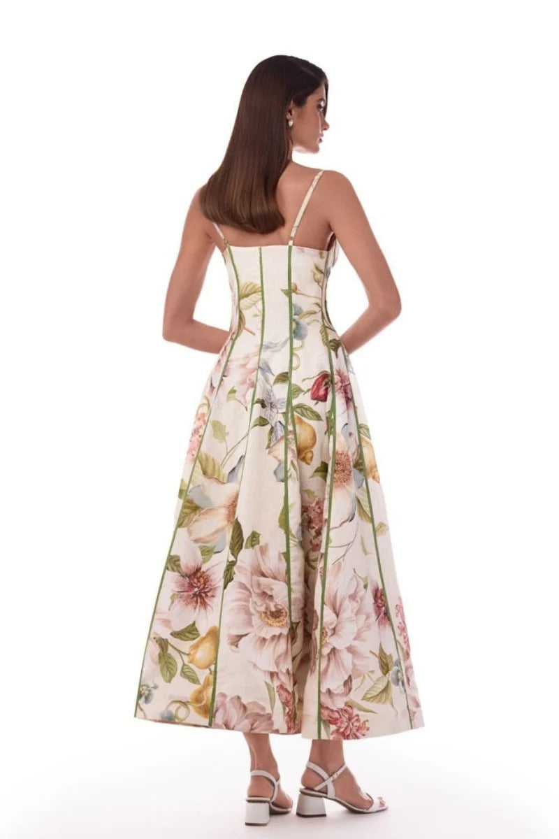 Cream Floral Corset Bustier Midi Dress