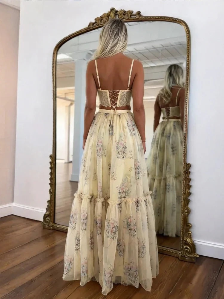 Pale Yellow Floral Print Skirt Set