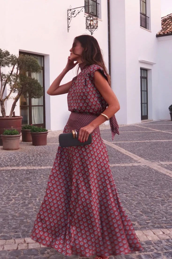 Retro Print Scarf Top & Maxi Skirt Two-Piece Set