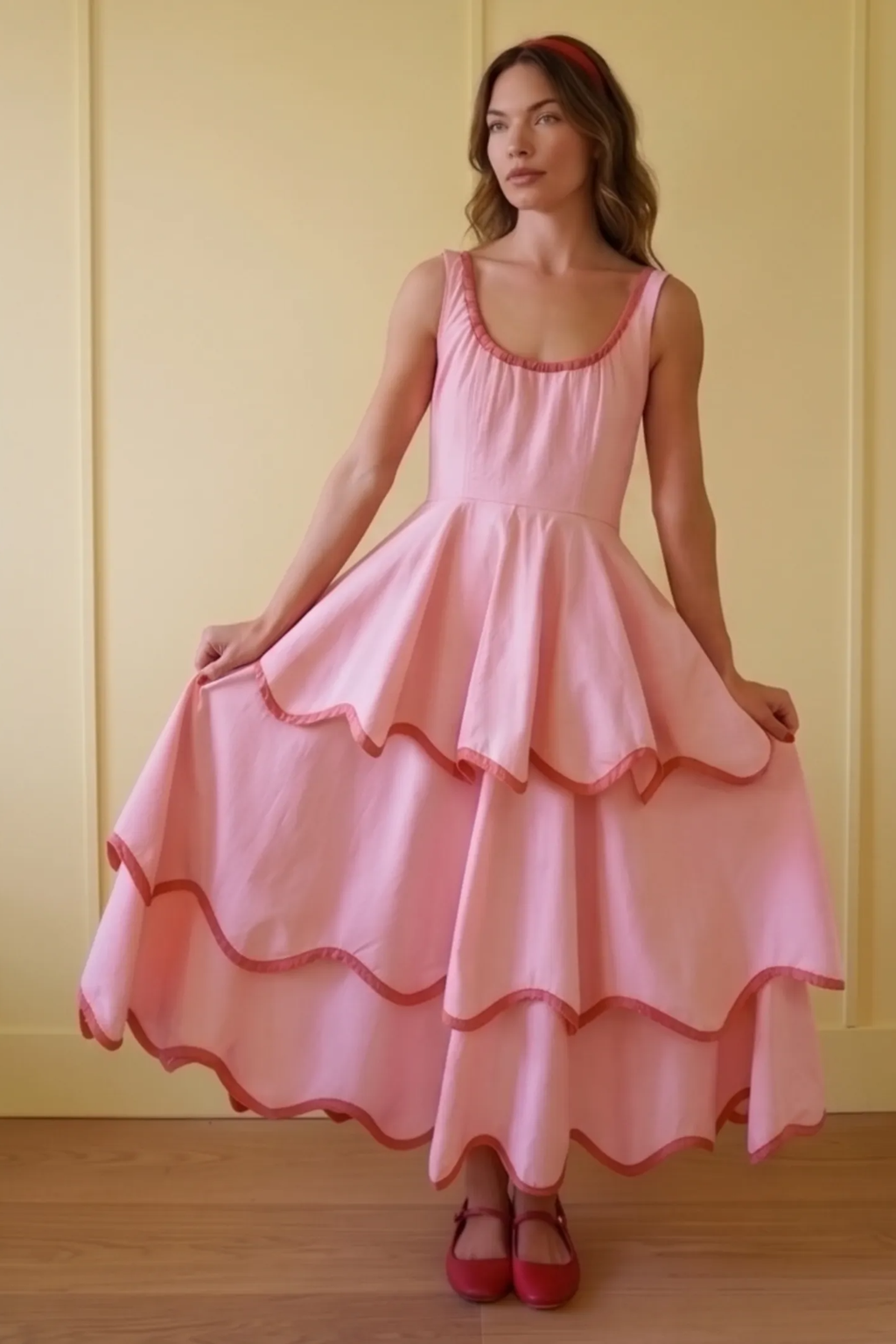 U-Neck Tiered Cake Midi Dress