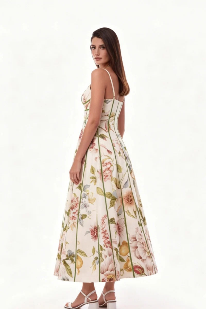 Cream Floral Corset Bustier Midi Dress