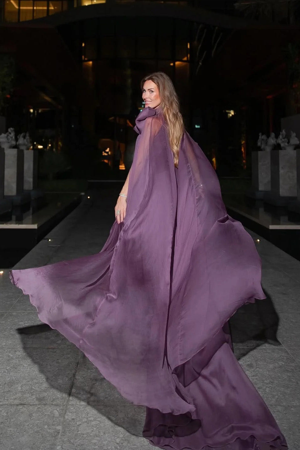 Mauve Chiffon Bow Cape Sleeve Pleated Maxi Gown