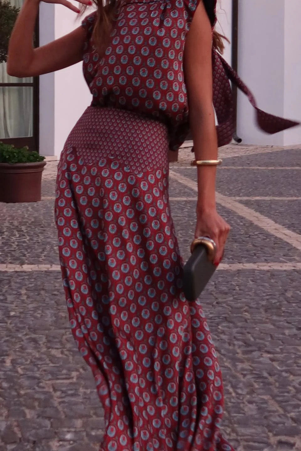 Retro Print Scarf Top & Maxi Skirt Two-Piece Set