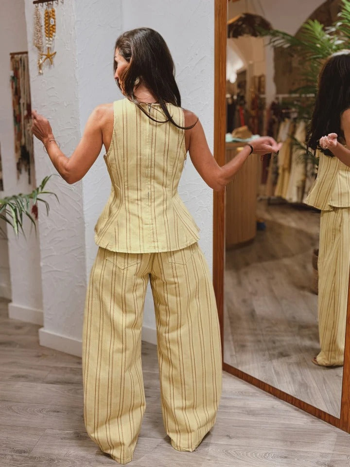Pants Set Yellow Striped Peplum Top & Wide-Leg