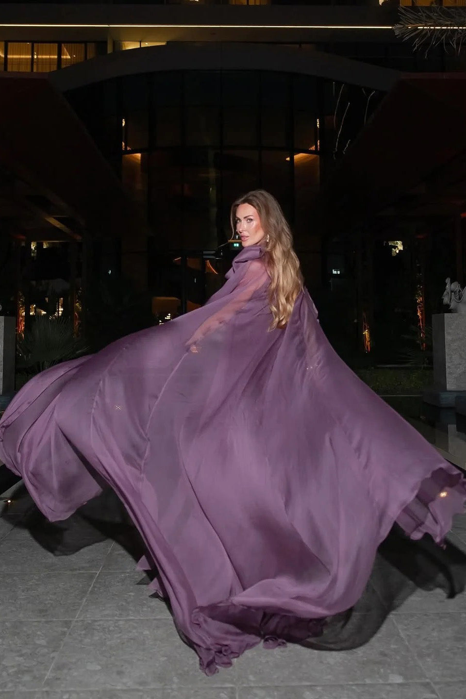 Mauve Chiffon Bow Cape Sleeve Pleated Maxi Gown