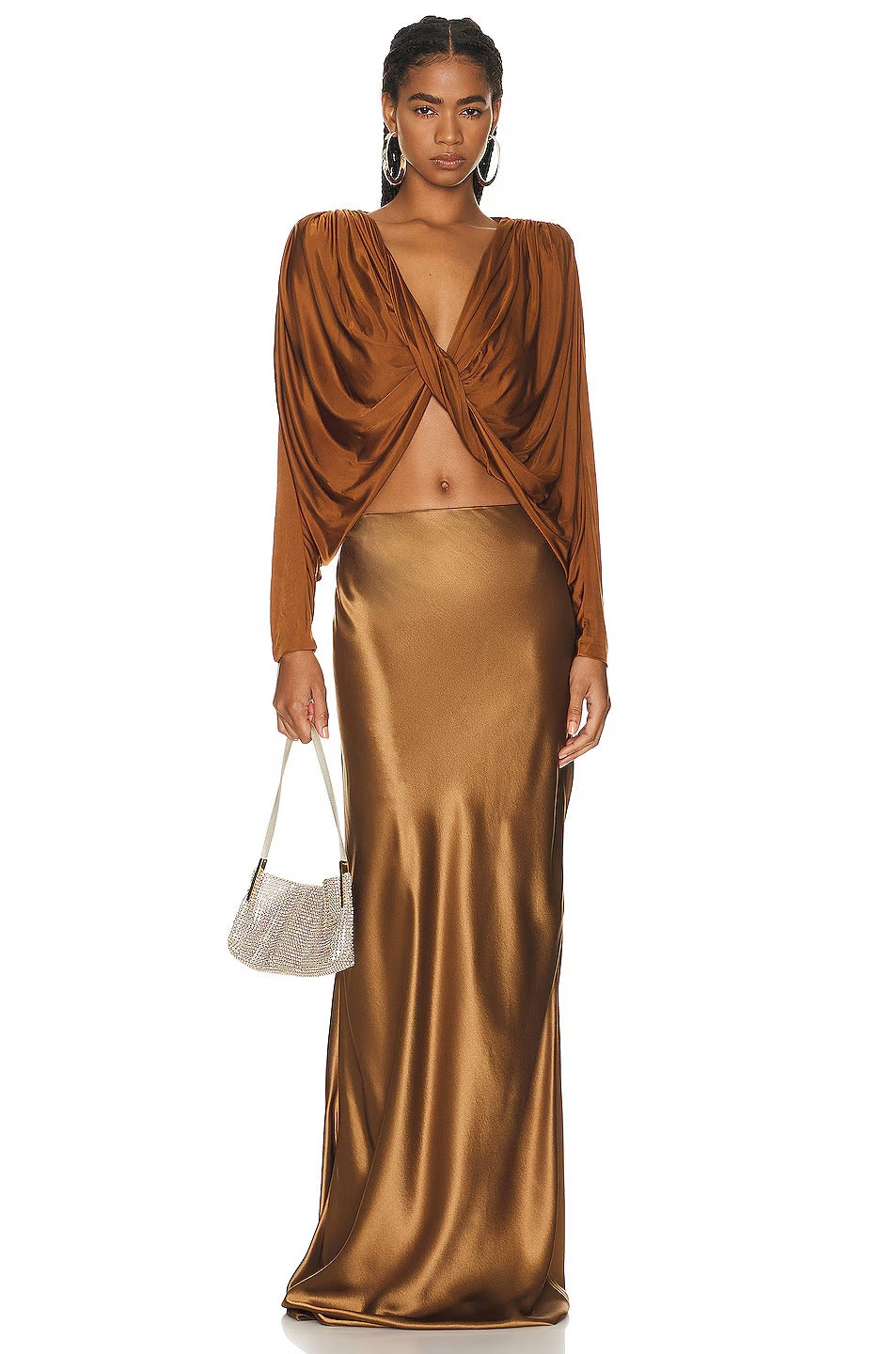Brown Satin Twisted Draped Crop Top