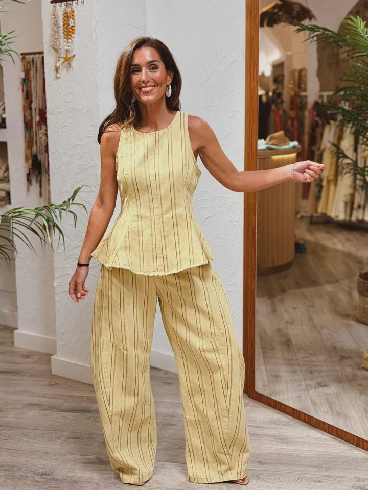 Pants Set Yellow Striped Peplum Top & Wide-Leg