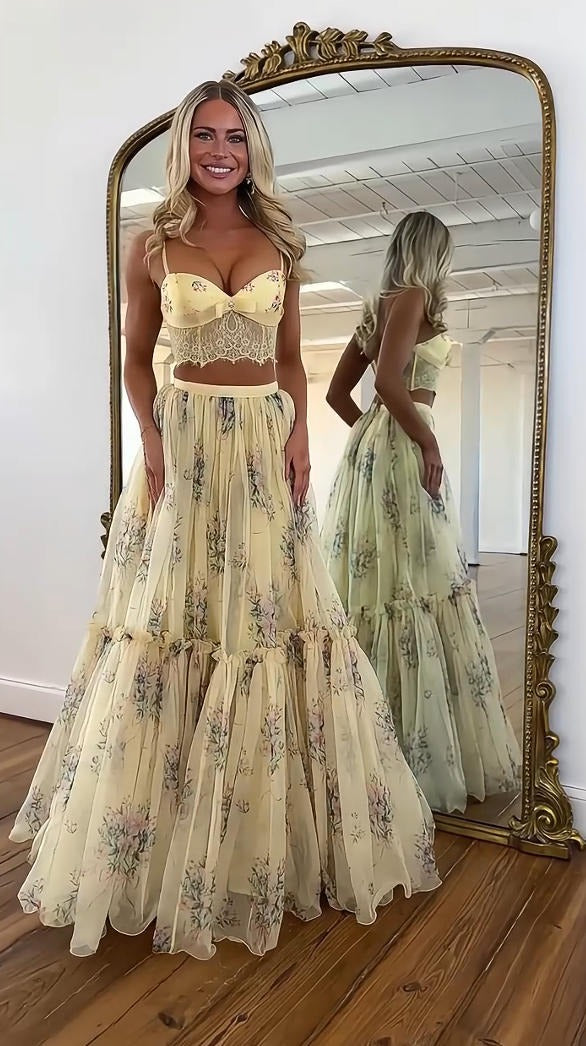 Pale Yellow Floral Print Skirt Set
