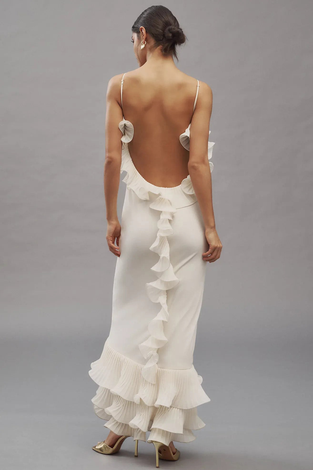 White Ruffle Open Back Slip Maxi Dress