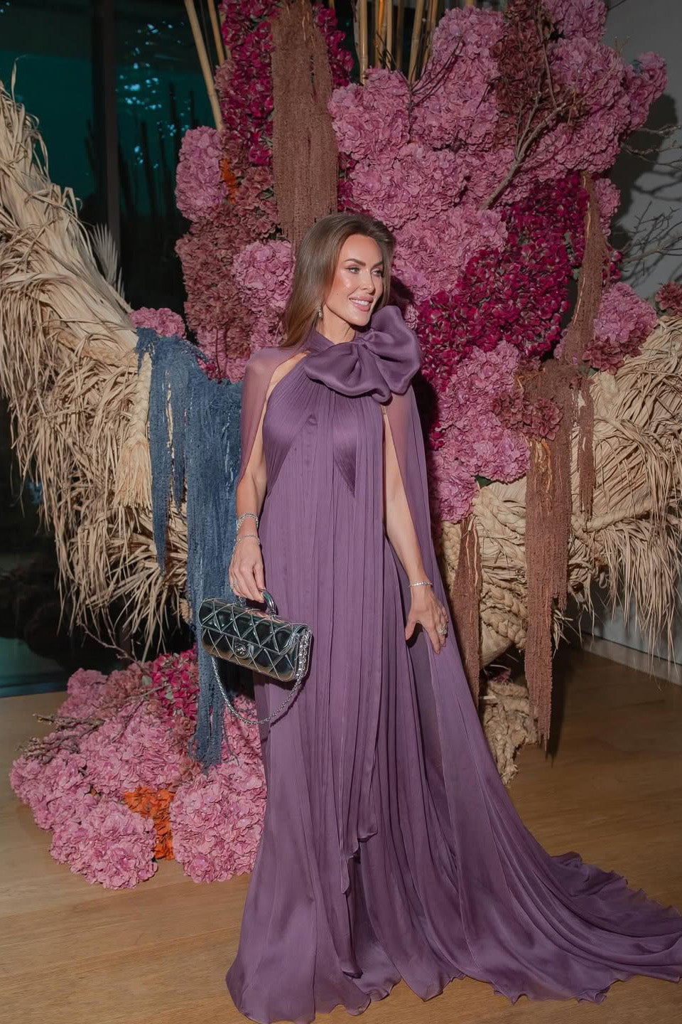 Mauve Chiffon Bow Cape Sleeve Pleated Maxi Gown