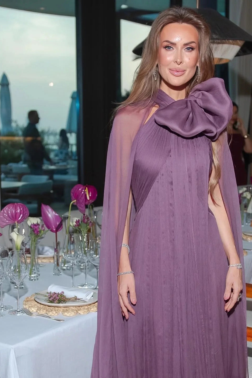 Mauve Chiffon Bow Cape Sleeve Pleated Maxi Gown