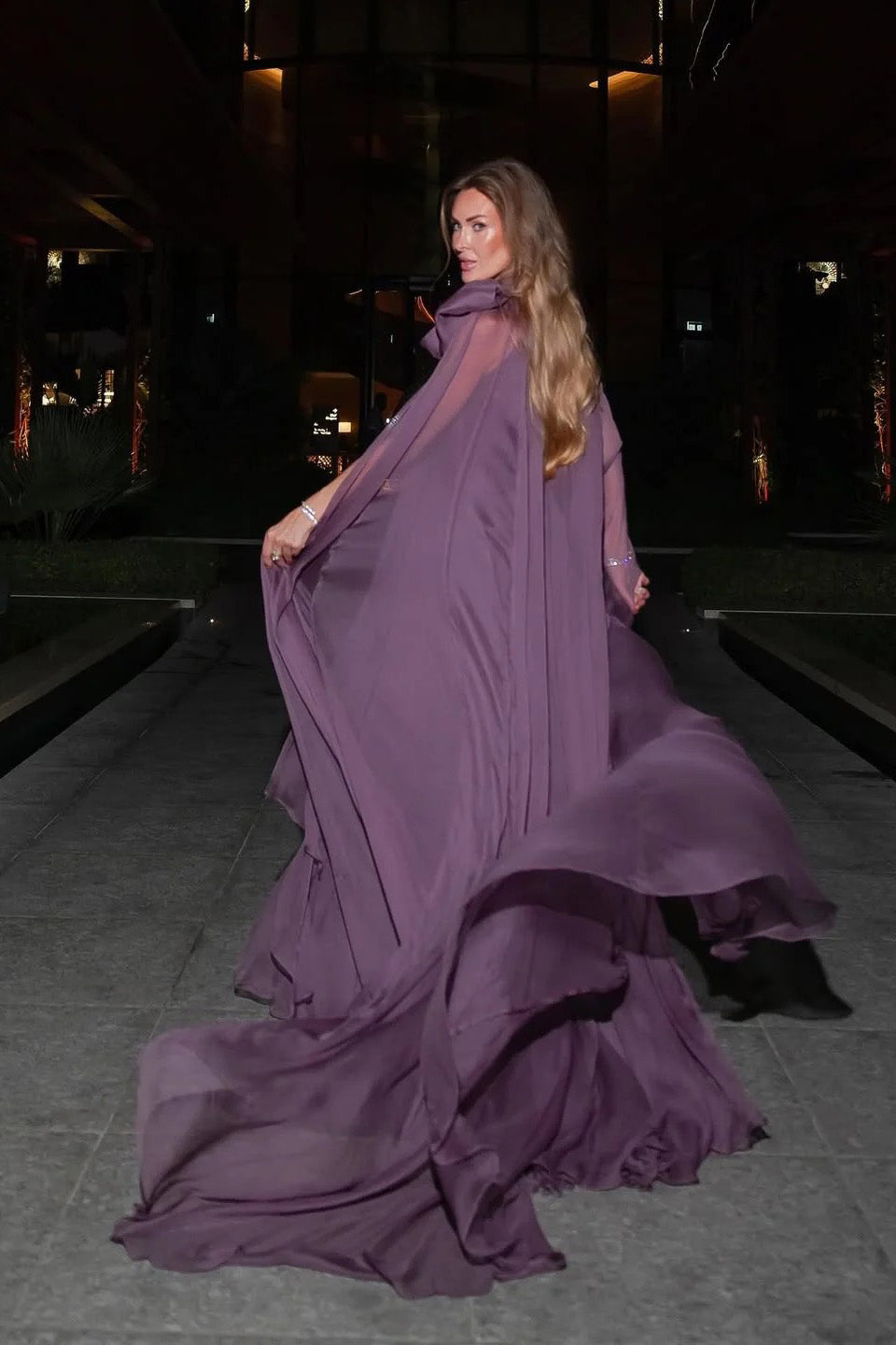 Mauve Chiffon Bow Cape Sleeve Pleated Maxi Gown