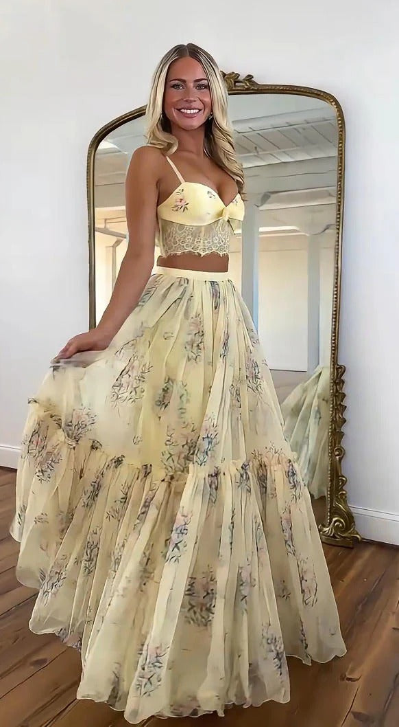 Pale Yellow Floral Print Skirt Set