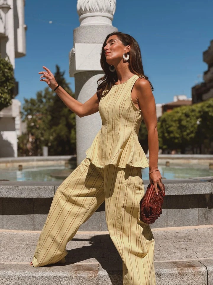 Pants Set Yellow Striped Peplum Top & Wide-Leg