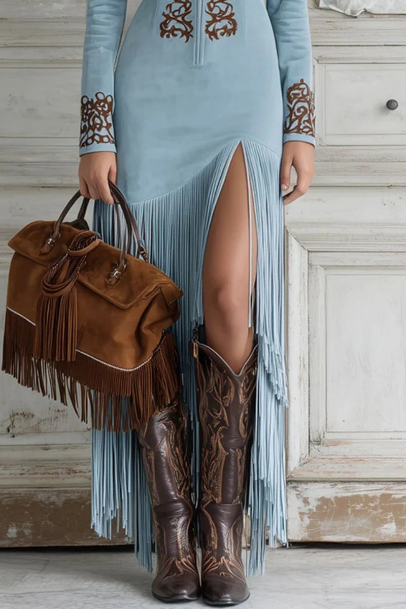 Western Embroidered Faux Suede Fringe Maxi Dress