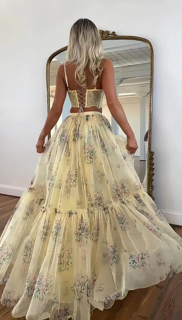 Pale Yellow Floral Print Skirt Set