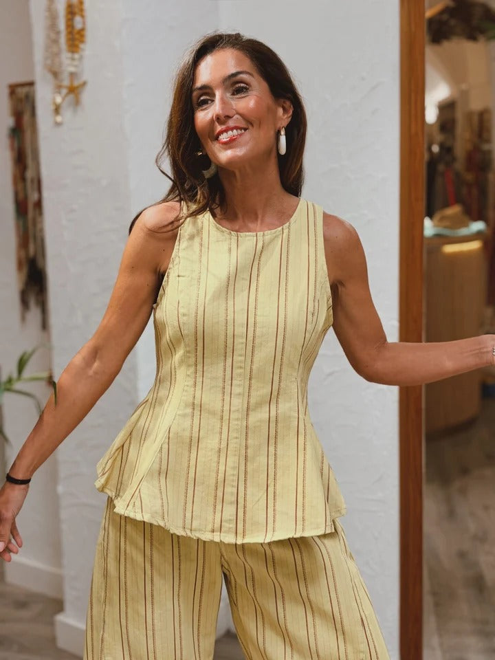 Pants Set Yellow Striped Peplum Top & Wide-Leg