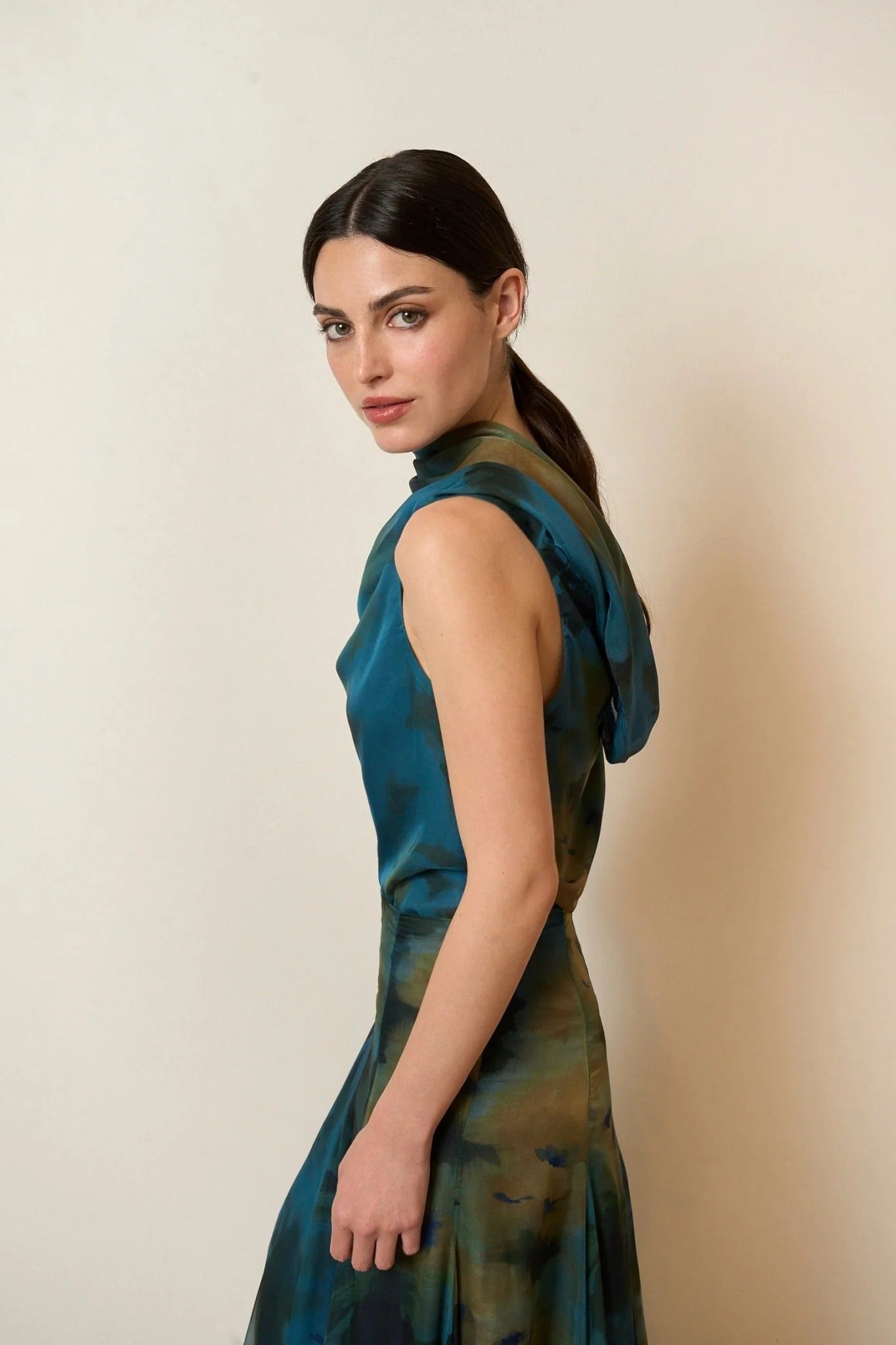 Draped Neck Abstract Skirt Set