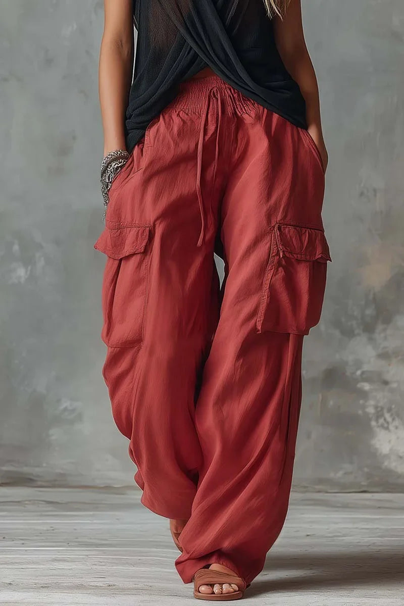 Black Mesh V-Neck Top & Red Cargo Pants Set
