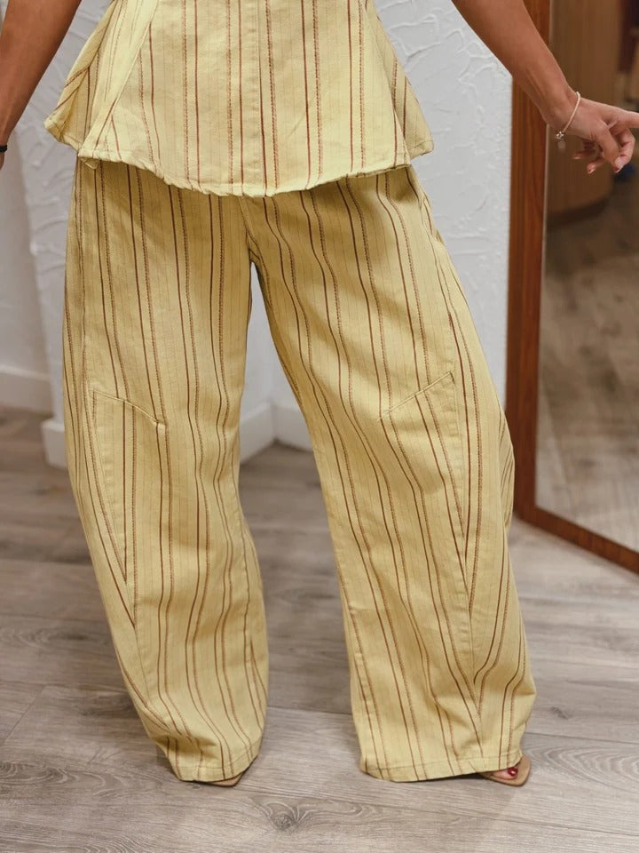 Pants Set Yellow Striped Peplum Top & Wide-Leg
