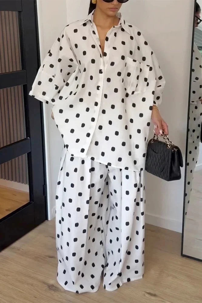 White Black Polka Dot Pants Set