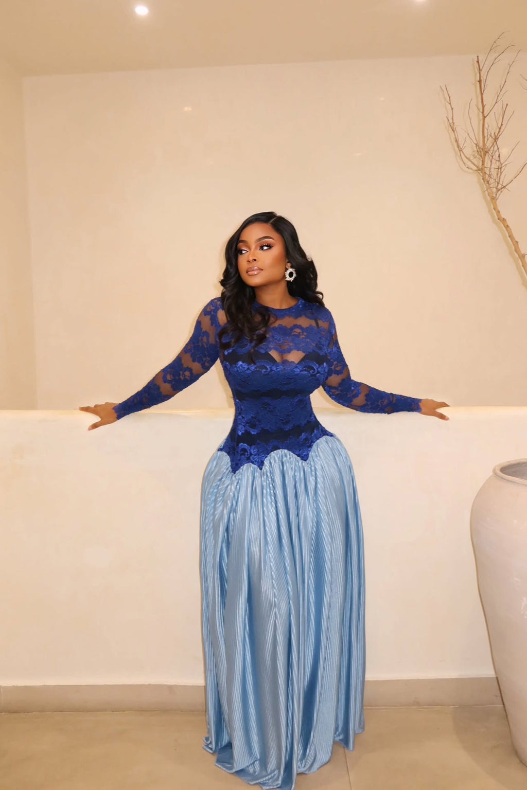 Ocean Blue Pleated Lace Maxi Dress