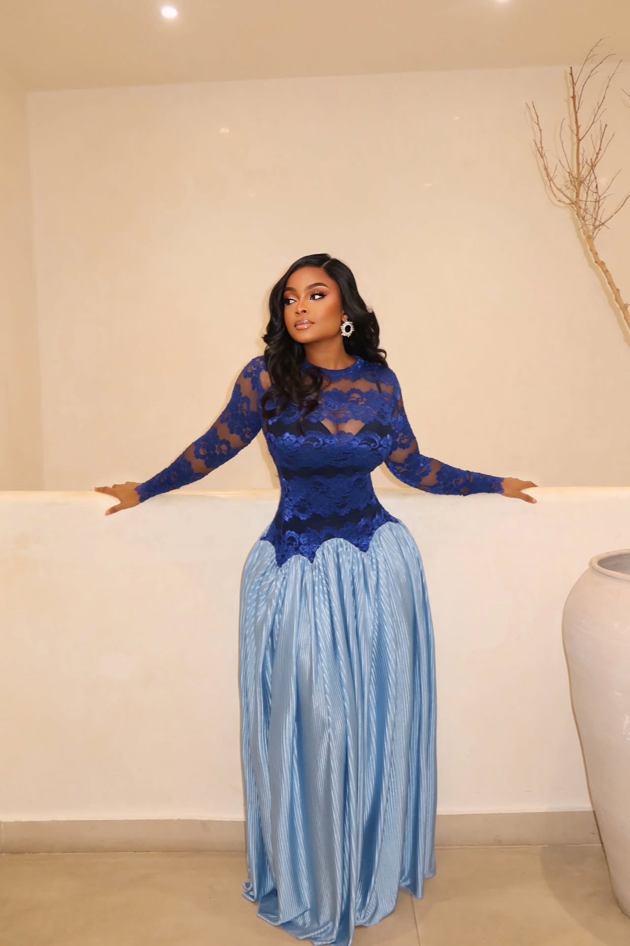 Ocean Blue Pleated Lace Maxi Dress