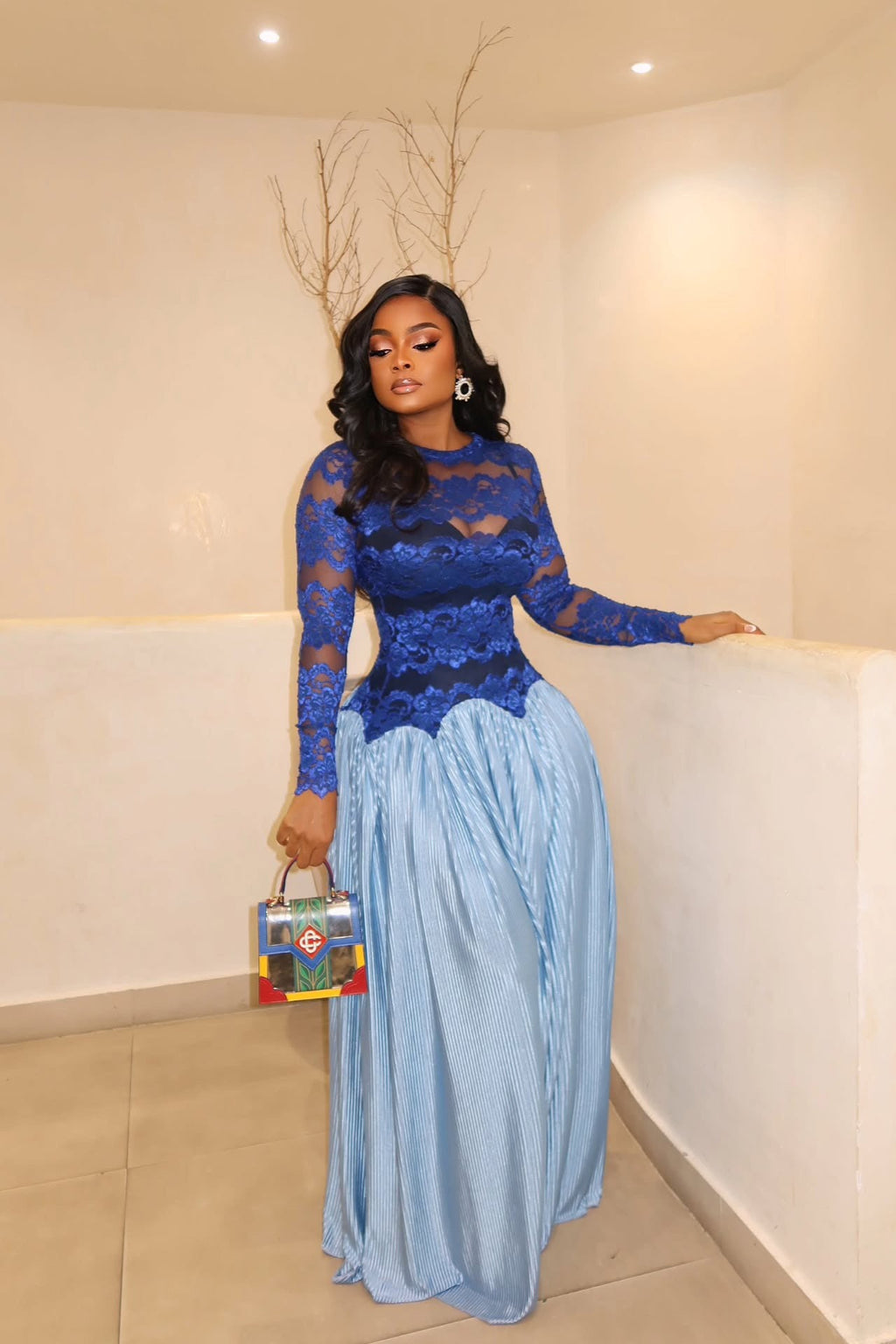 Ocean Blue Pleated Lace Maxi Dress