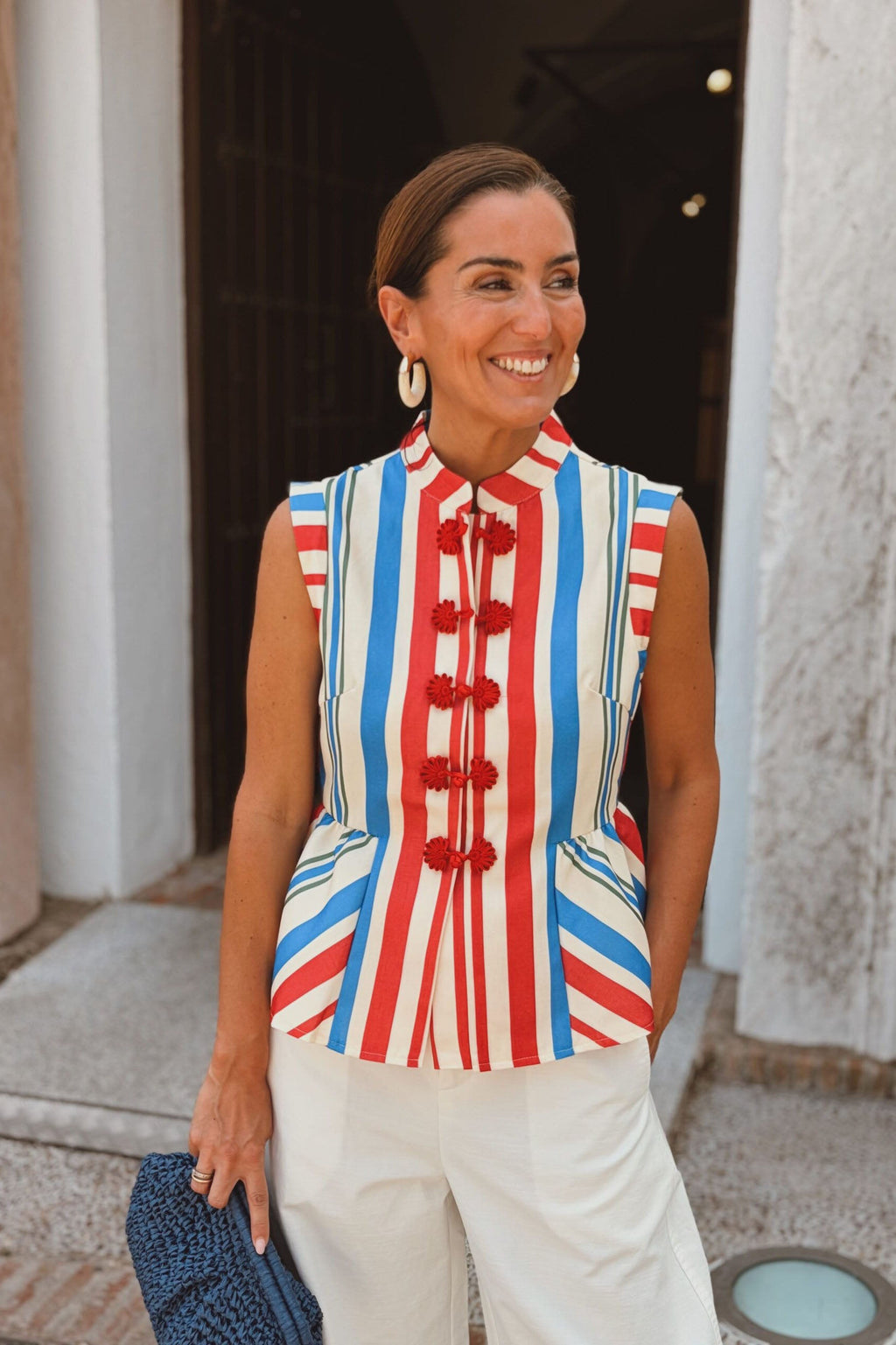Red Blue White Stripe Mandarin Collar Vest Top