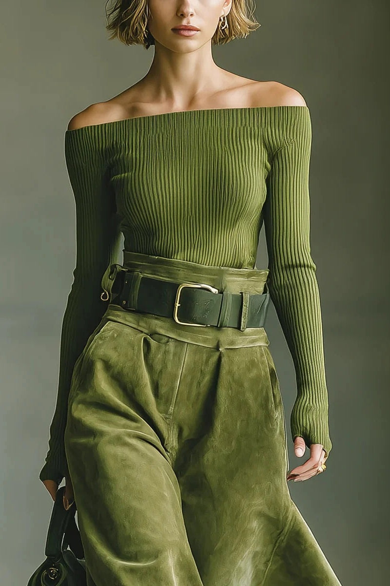 Olive green top skirt set （Includes belt）