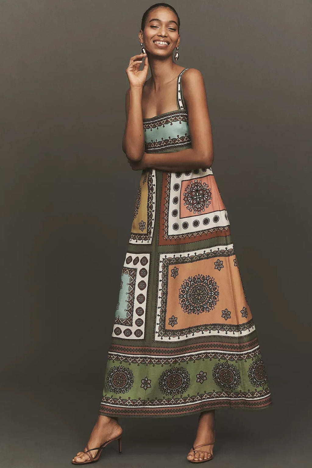 Patchwork Geometric Print Strap Midi Dress