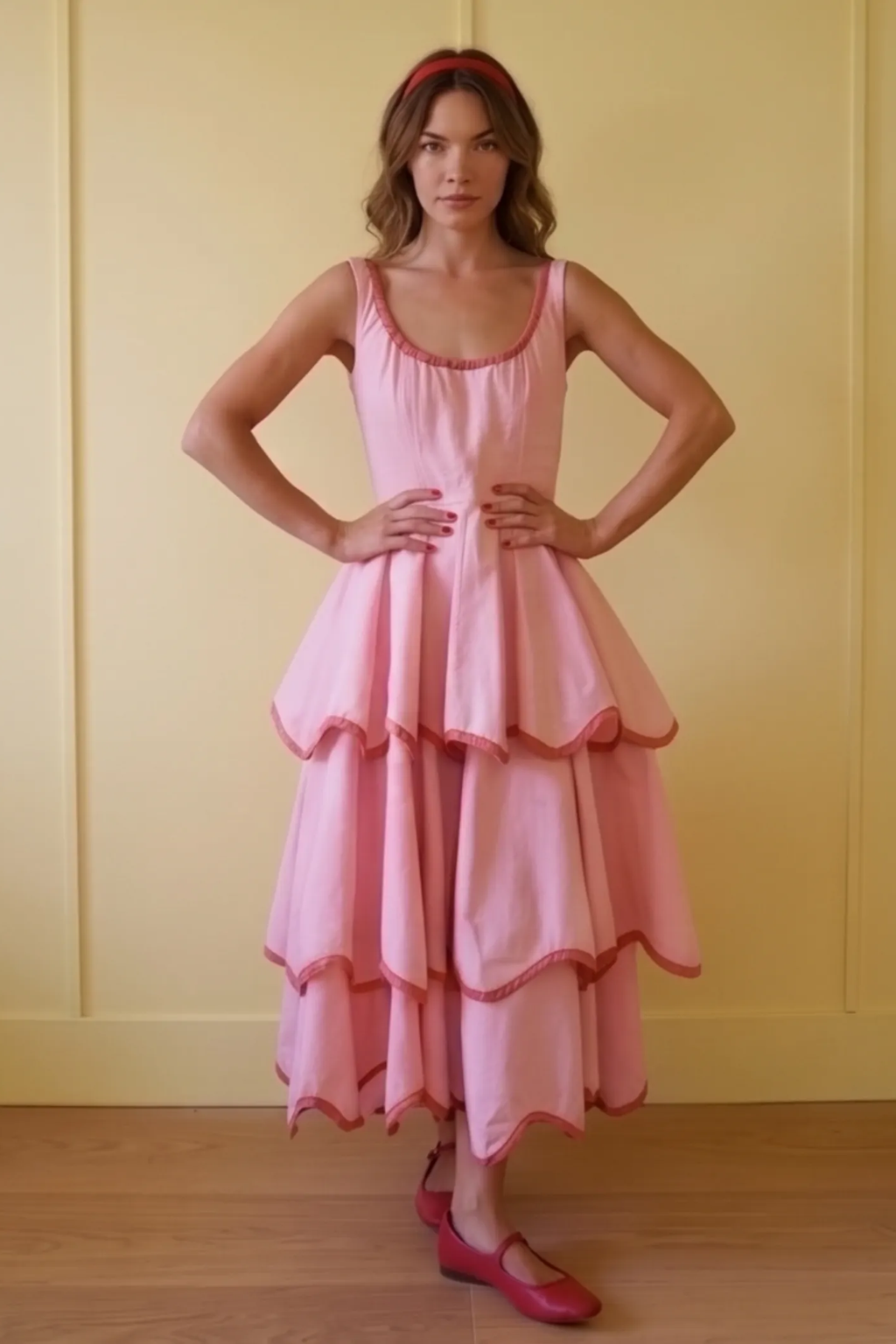 U-Neck Tiered Cake Midi Dress