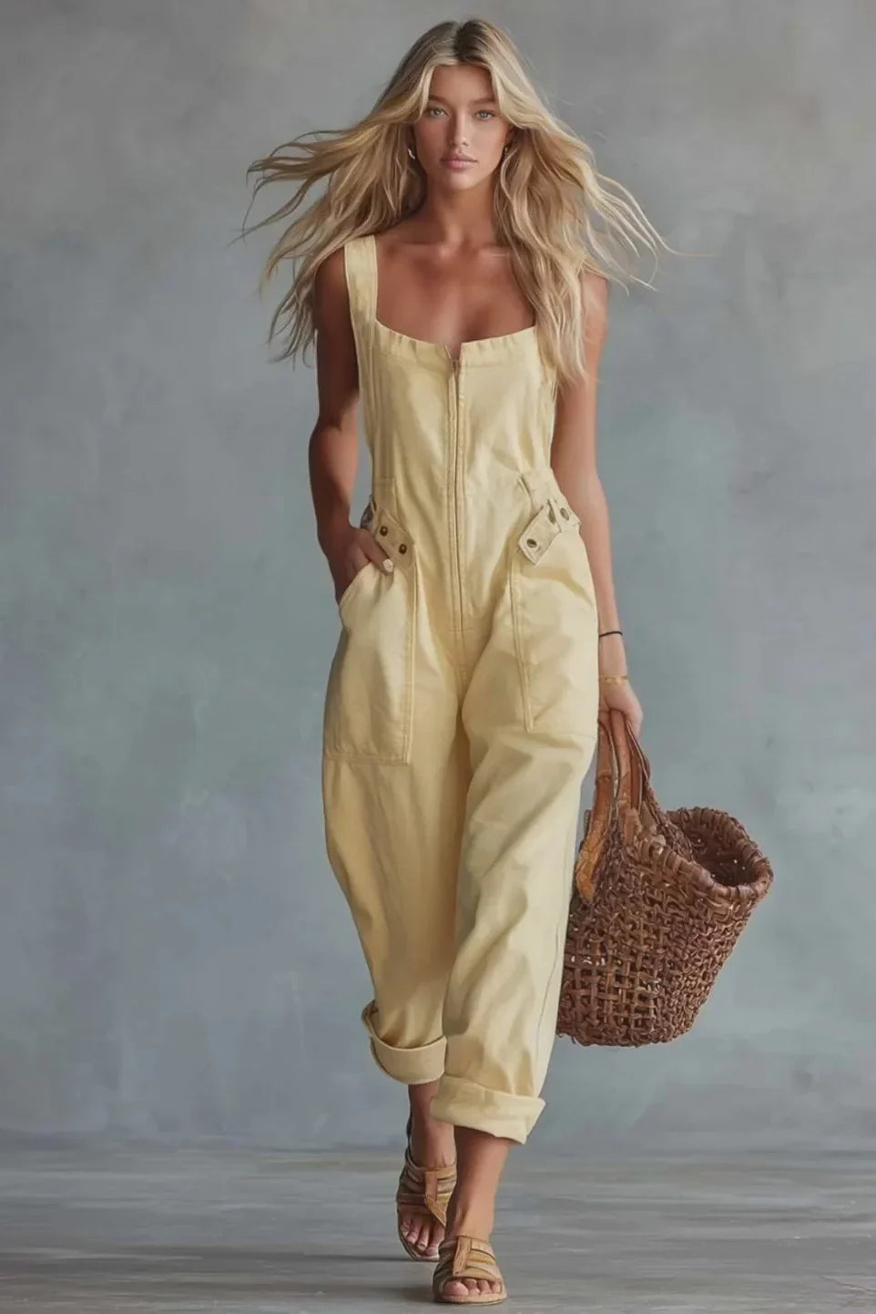 Light Yellow Denim Jumpsuit - Square Neck Retro