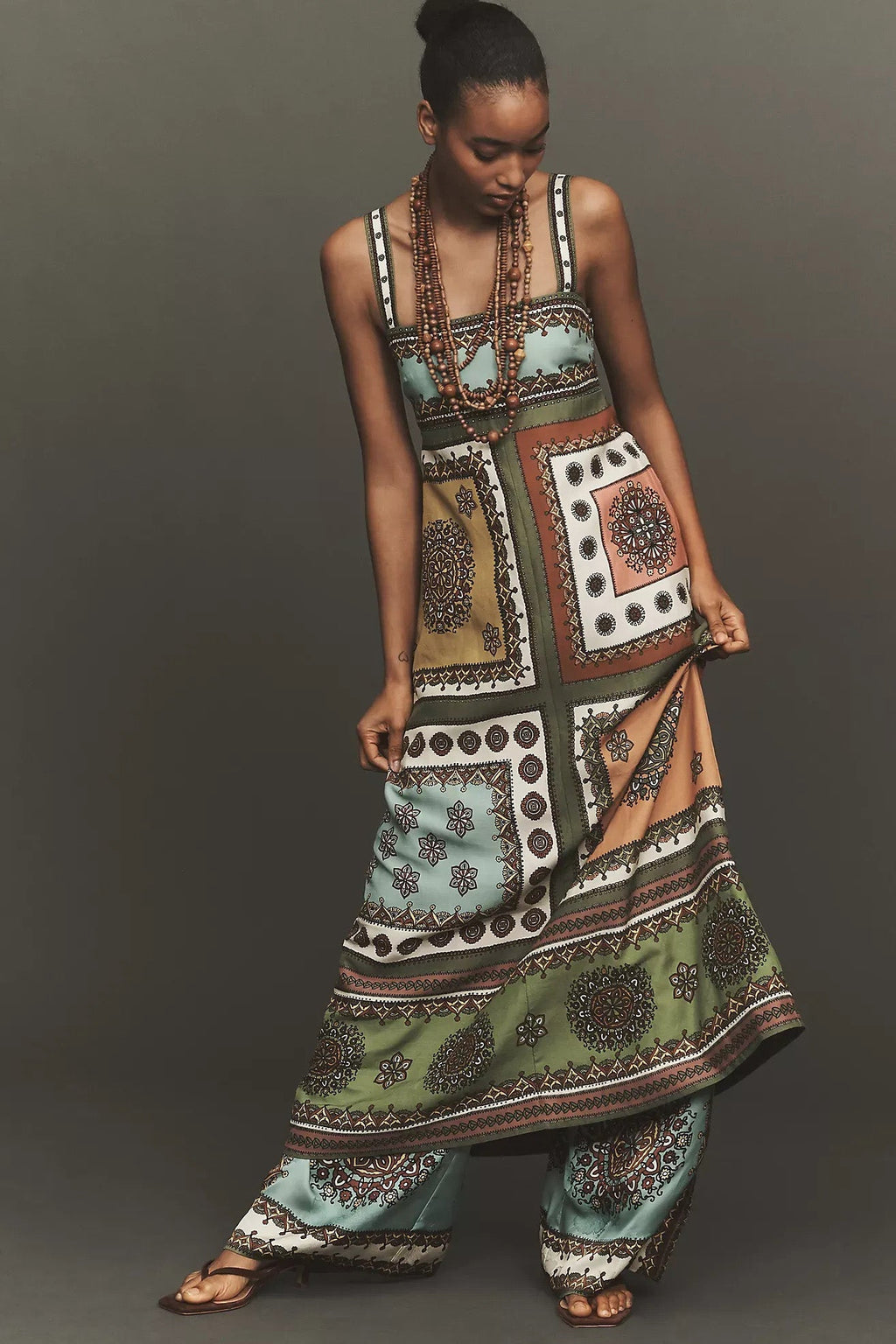 Patchwork Geometric Print Strap Midi Dress