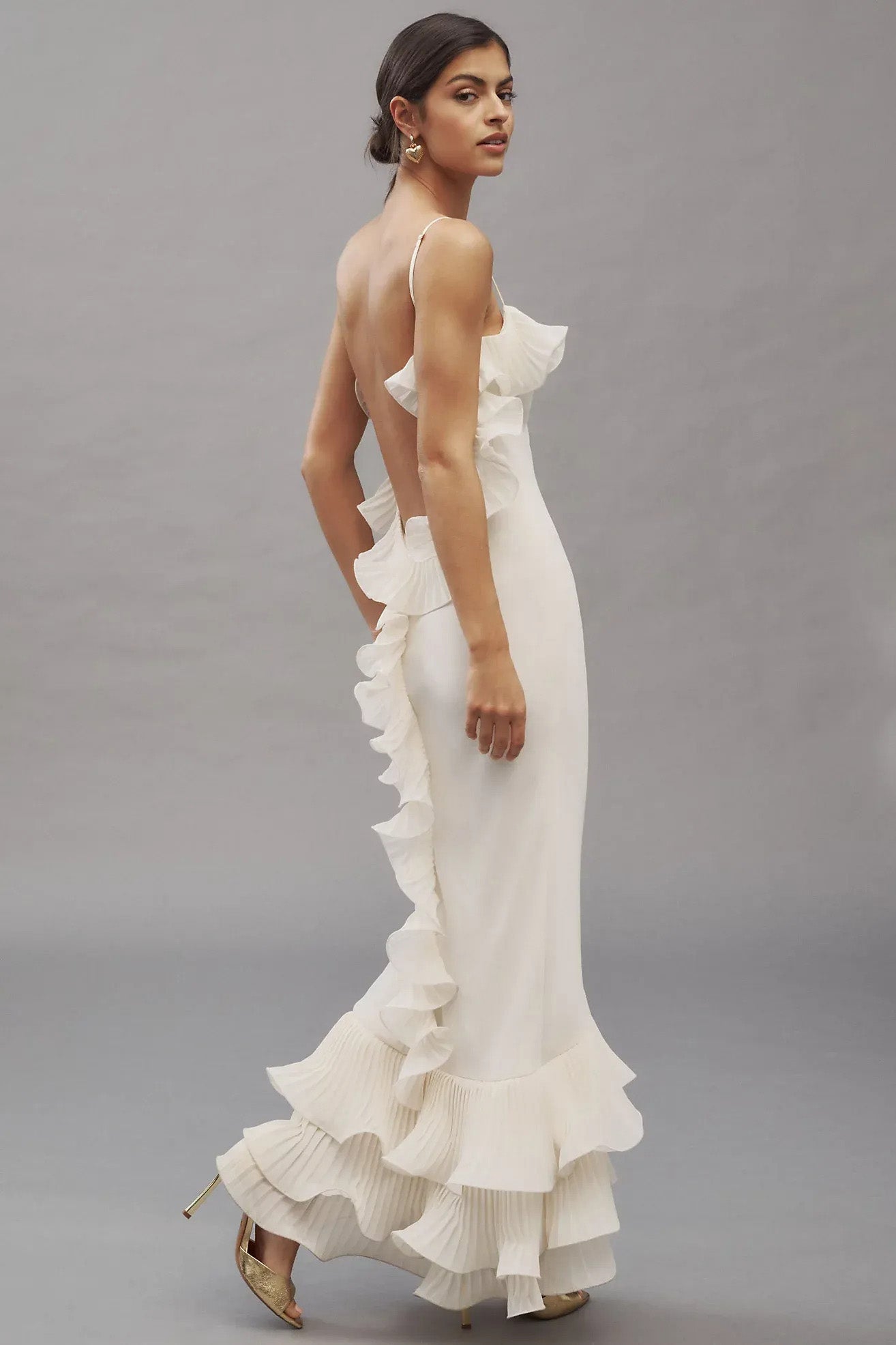 White Ruffle Open Back Slip Maxi Dress