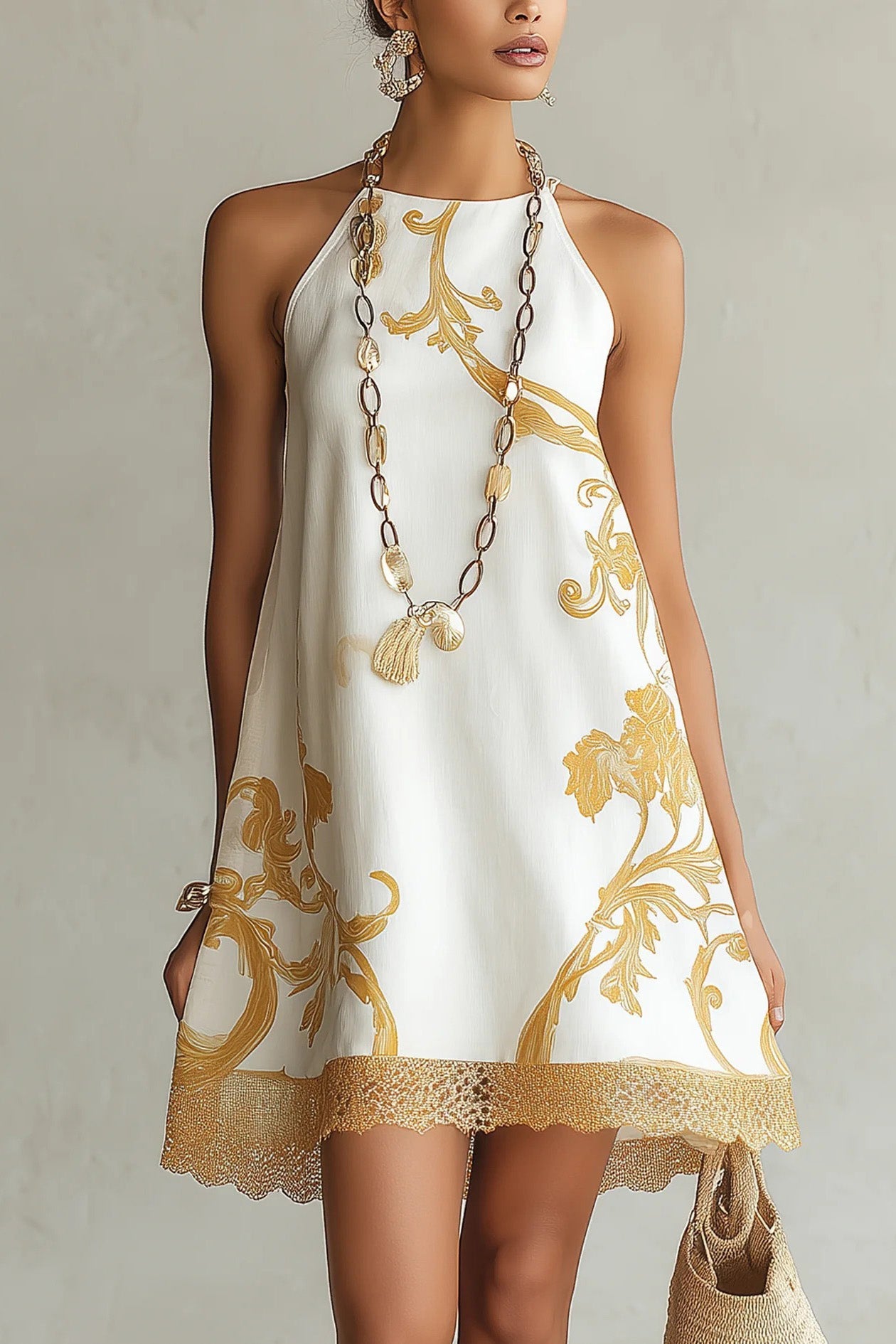 Golden Floral Halter A-Line Mini Dress