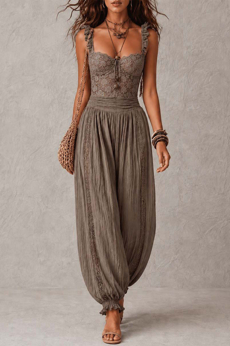 Grey Lace Bandeau Pleated Cotton Harem Pants Set