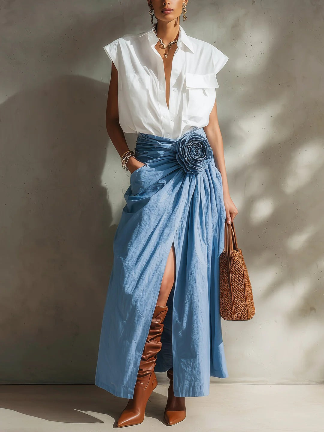 The Cotton Shirt And Floral Skirt Set