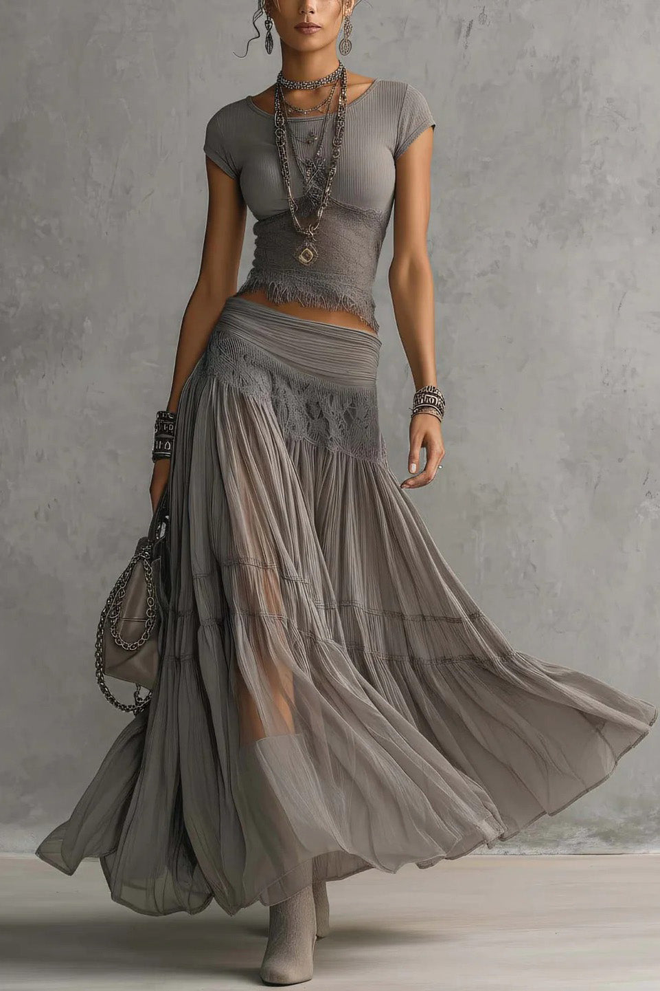 Grey Lace-Paneled Top and Pleated Maxi Skirt Set