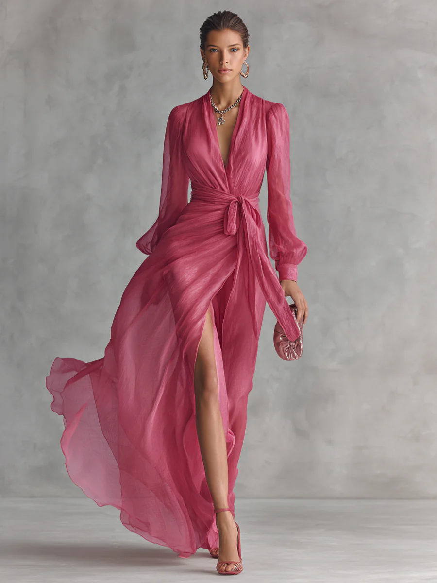 Elegant Pearl Chiffon V-Neck Maxi Dress