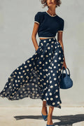 Navy Knit Top And Polka Dot Chiffon Skirt Set