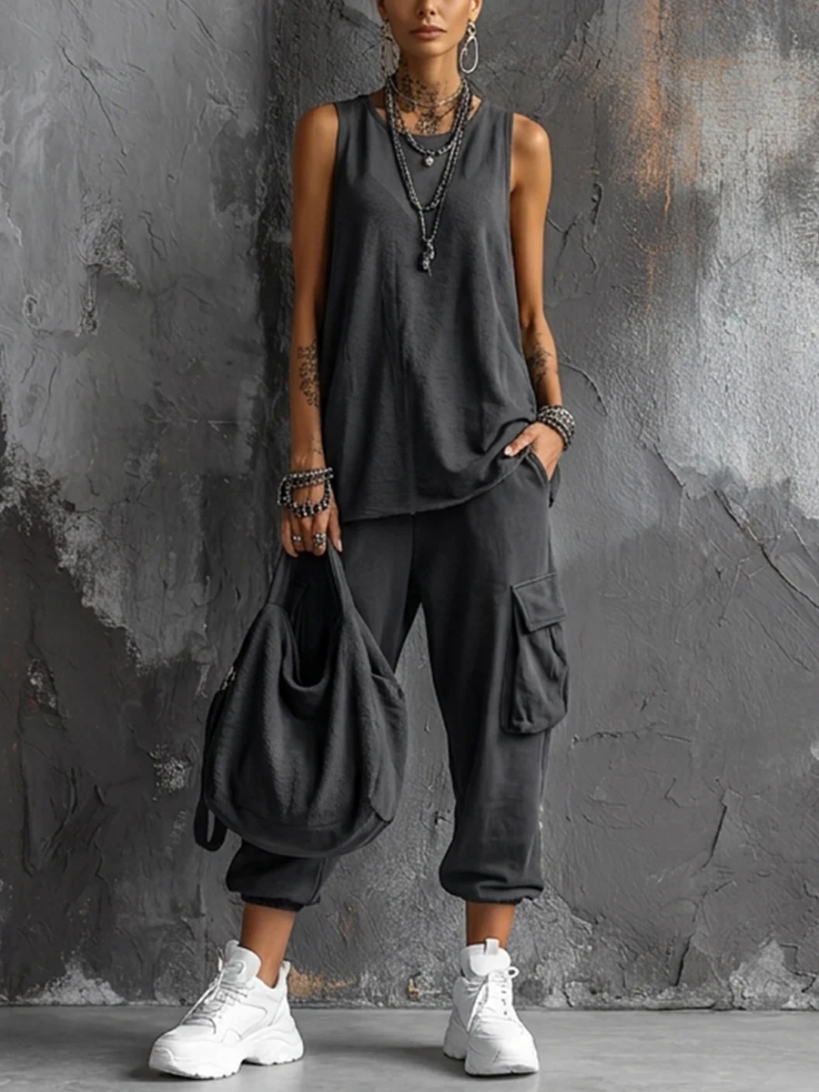 Dark Gray Cotton Sleeveless Top + Jogger Set