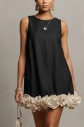 Black Cotton-Linen Mini Dress With 3D Floral Hem