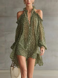 Green Polka Dot Cold Shoulder Mini Dress