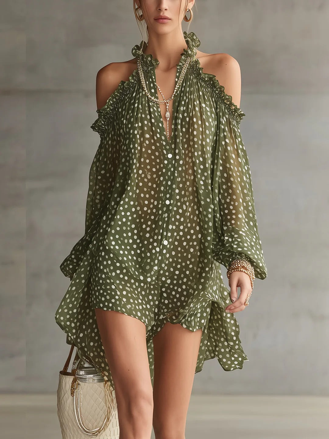 Green Polka Dot Cold Shoulder Mini Dress