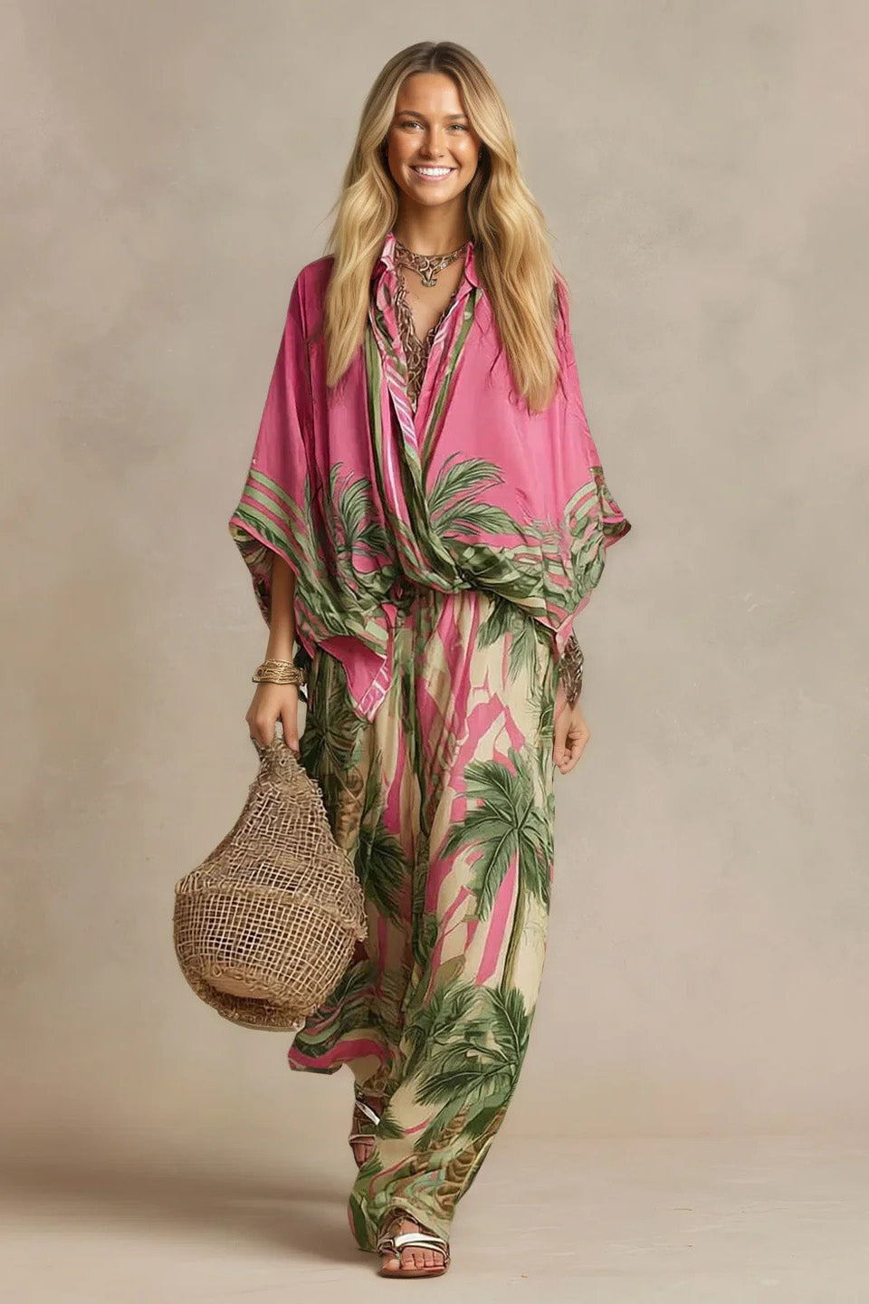 Effortless Palm-Print Kimono Two-Piece Set