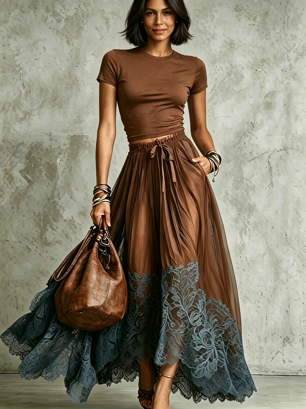 Brown Blue Lace Tulle Skirt Set